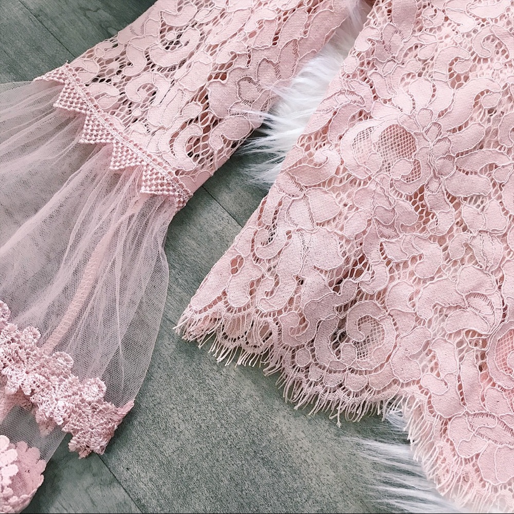 Blush Lace Crop Top, Bell Sleeve - Picture 3 of 6